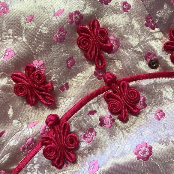 PINK Cherry Blossom Cheongsam Qipao Asian Long Satin Dress Size Small/Medium - Picture 4 of 15